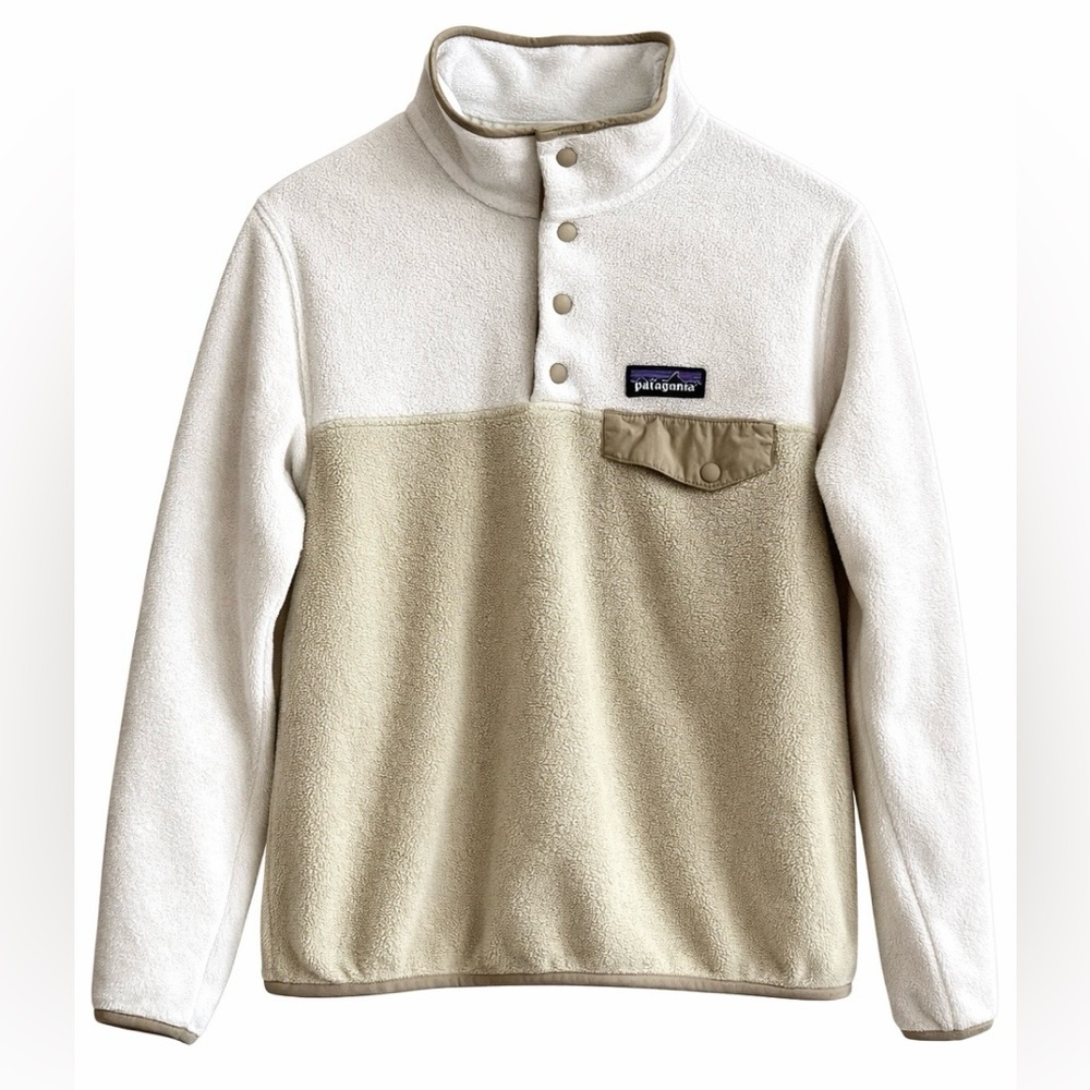 Patagonia Synchilla Snap T pullover, beige white, front pocket, medium  gorpcore